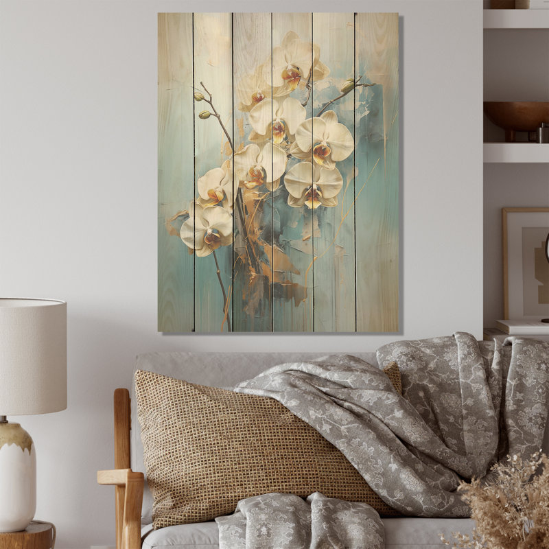 Orchidée bleue et dorée - orchidées sur bois de pin naturel, H 32 po x l 24 po