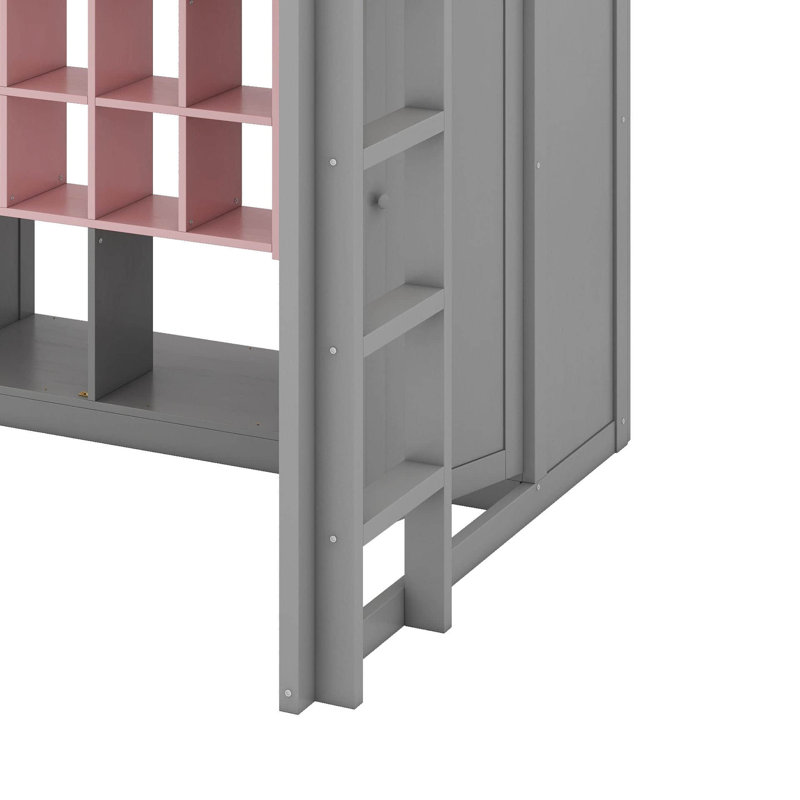 Lit mezzanine double en bois avec tablettes, armoire et garde-robe, Gris / Rose