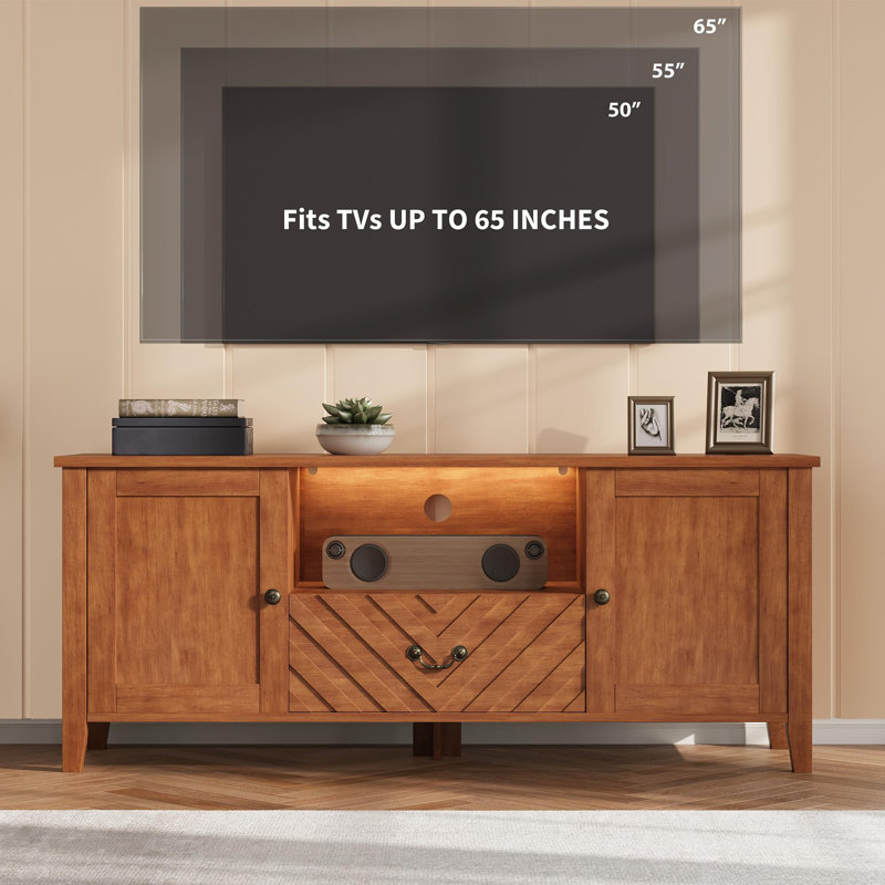 Meuble télé Farmhouse pour téléviseur de 70 po ou moins, console média avec tiroir, compartiment ouvert et 2 armoires