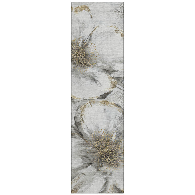 Machine Washable Indoor/Outdoor Xhevrie Silver Rug, Runner 2'3" x 7'6"