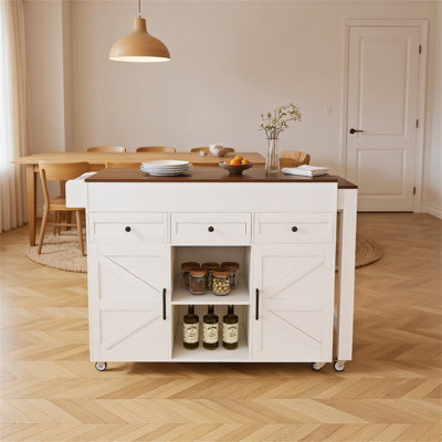 Kitchen Island With Extendable Dining Table & Power Outlet - Rolling Storage Cart On Wheels With 3 Drawers & 2 Door Cabinet, White