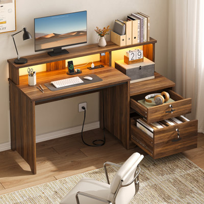 Bureau d'ordinateur 55 "avec prise de courant intégrée, 2 tiroirs, bureau d'écriture pour bureau à domicile