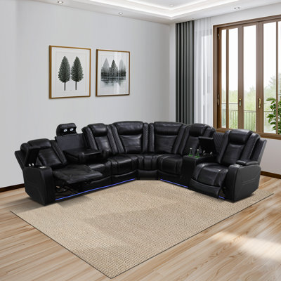 Black Faux Leather 3-Piece Power Reclining Sectional Sofa Set with Storage Consoles, Cup Holders, USB Ports, Wireless Charging, and LED Lighting