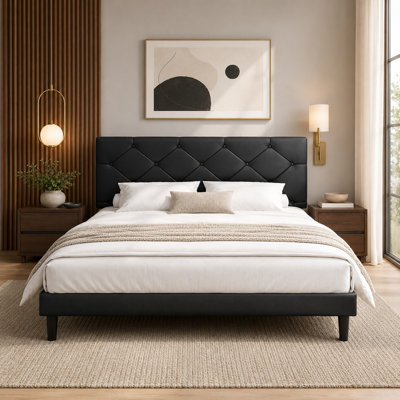 Base de lit tapissier grand format avec tête de lit en similicuir - noir, lattes de bois, aucun sommier requis, hauteur de tête de lit réglable