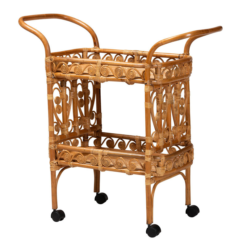 Natural Brown Rattan Round Kitchen Cart with Storage