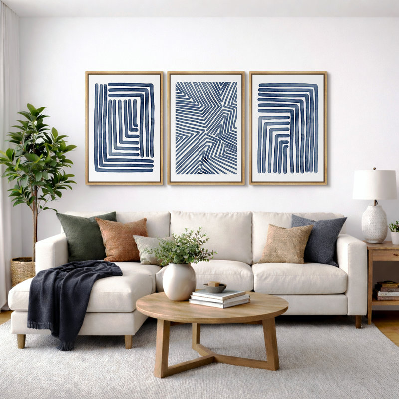 Geometric Line "Navy Blue Stripe Abstract Artwork, Simple Modern Contemporary Bedroom Wall Pictures, Large Framed Canvas Giclee Print 3 Pieces Wall Art Set"