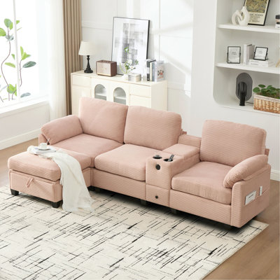 Canapé en velours côtelé multifonctionnel de type L: conception segmentée à 4 places avec porte-gobelet / USB / boîte de rangement, équipé d'une console mobile et d'un espace de rangement de style repose-pieds, optimisé pour