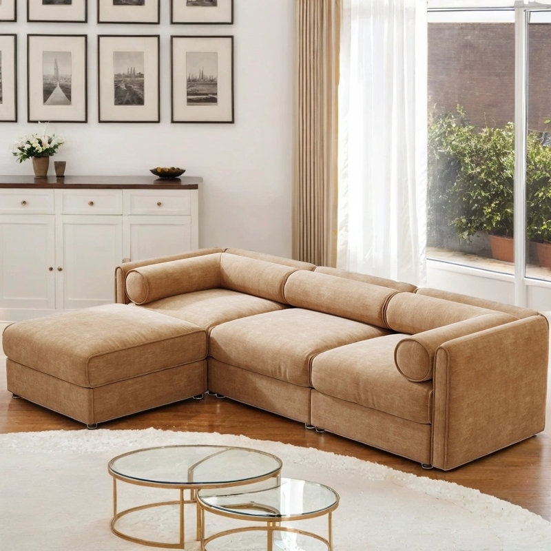 Canapé 3 places en chenille avec repose-pieds, support ergonomique et rangement intégré, Brun