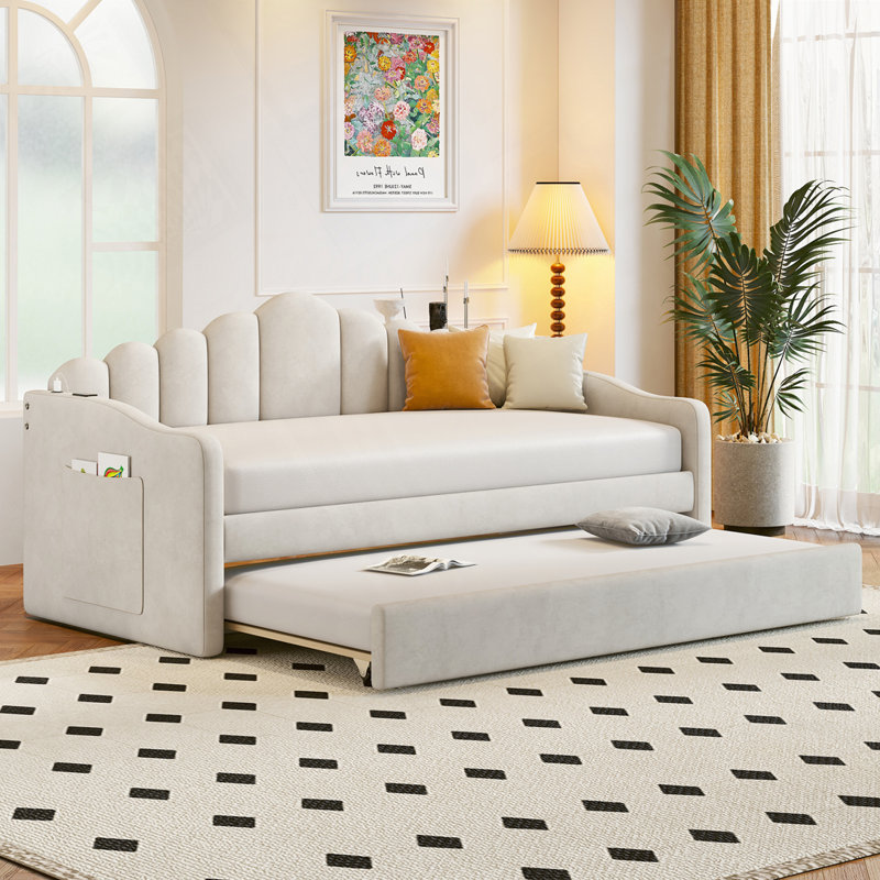 Twin Size Upholstered Daybed With Trundle, Pockets And Usb Ports, Beige