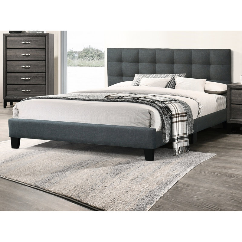 Grand lit gris anthracite avec tête de lit en mousse et cadre en bois, Gris anthracite, Grand lit
