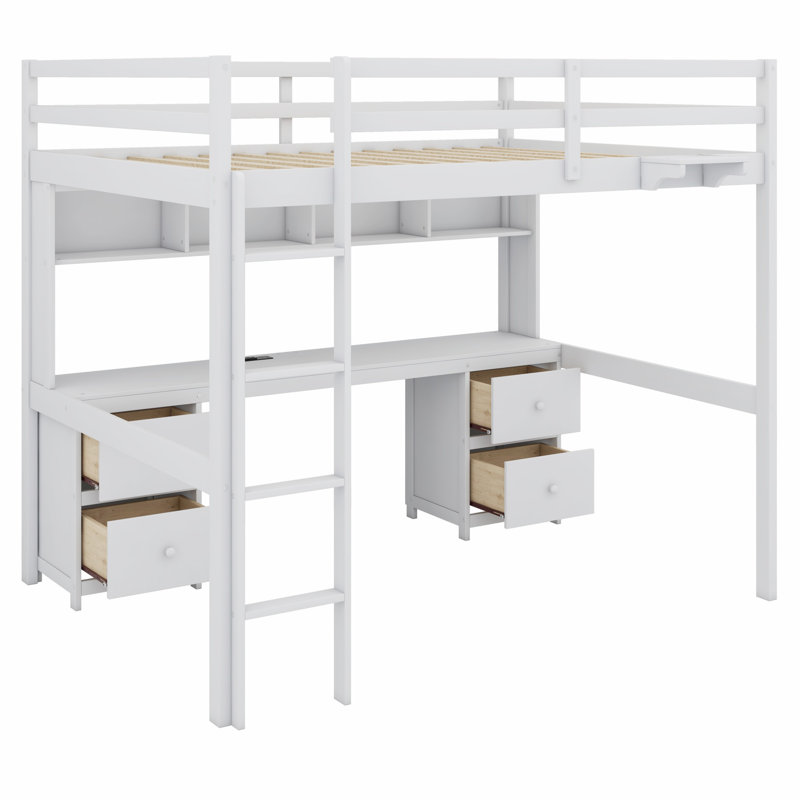 Lit mezzanine avec bureau, armoires, tiroirs et plateau de chevet, station de charge, Blanc