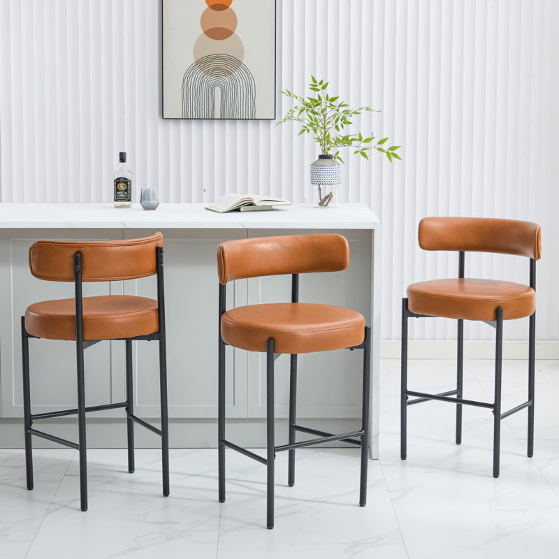 30" Modern Faux Leather Upholstered Bar Stool with Curved Low Back and Metal Frame, Whisky Brown, 3
