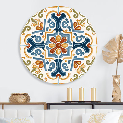 Mediterranean Tiles In Retro Blue II - Abstract Tile Round Wall Art on Metal