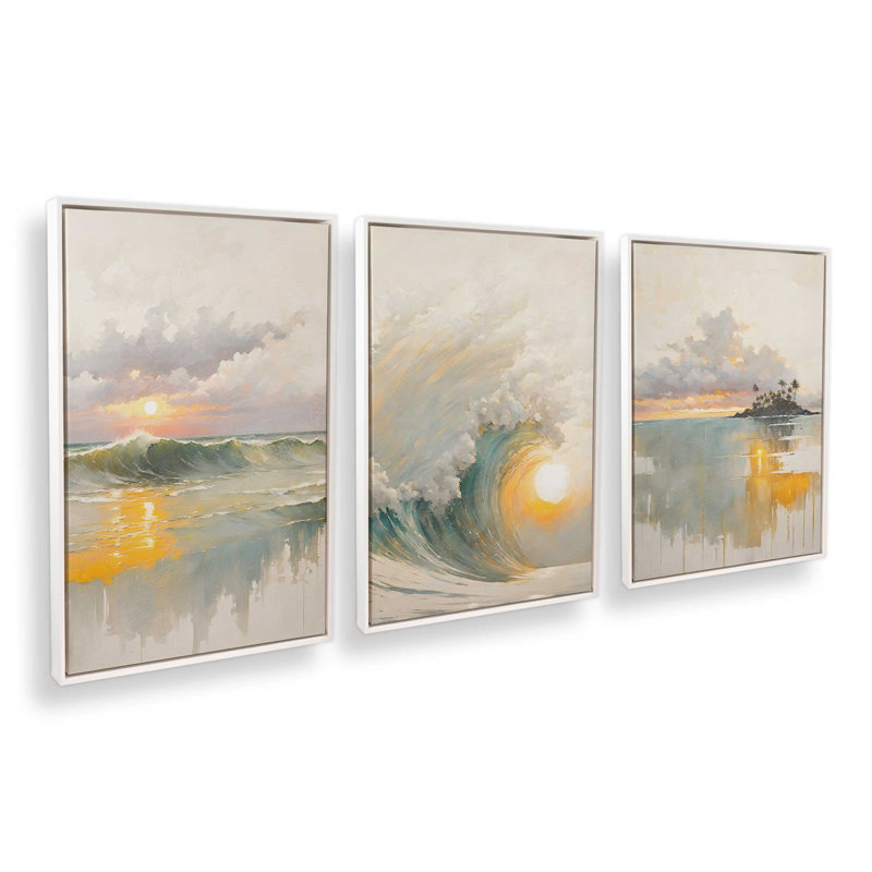 Golden Waves au coucher du soleil, ensemble de 3 impressions, Cadre flottant en chrome poli, H 13 po x l 27 po x P 1,75 po