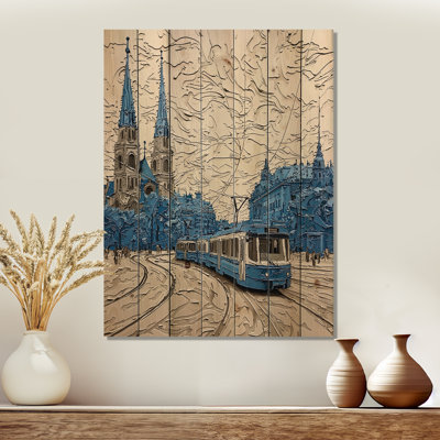 Trams In Vienna Cityscape - Décoration murale industrielle en bois sur bois de pin naturel