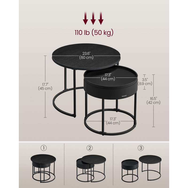 Nesting Coffee Tables with Hidden Storage and Top Tray, Ebony Black/Ink Black