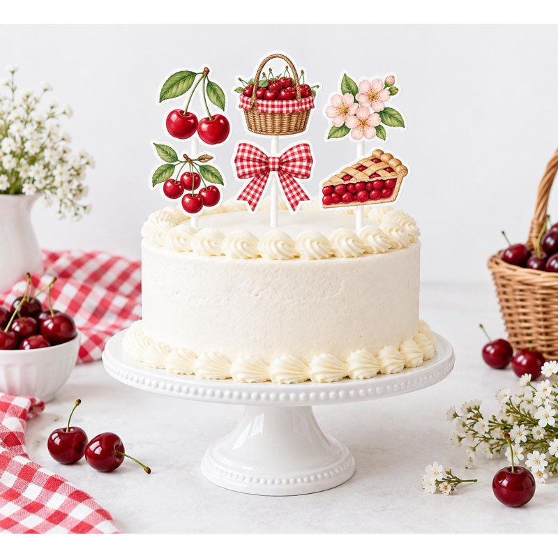 Cherry Picnic Cake Decorations, Red Gingham Cherry Basket Baby Shower Toppers, Cardstock Picks