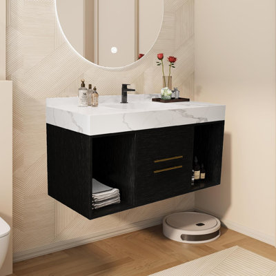 Meuble-lavabo flottant 39 po avec lavabo en céramique, meuble-lavabo mural 39 po avec comptoir en pierre frittée en marbre