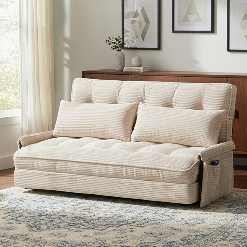 Convertible Futon Sofa Bed With Adjustable Backrest Pillows,Folding Loveseat Sleeper Sofa,Corduroy Pull Out Couches With Side Pocket For Living Room Bedroom Lounge,Beige
