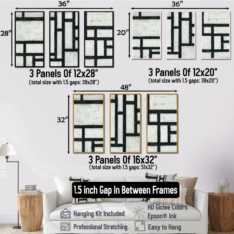 Labyrinthe noir et blanc géométrique - ensemble d'art moderne encadré sur toile Mid-Century, H 28 po x l 36 po, Cadre noir