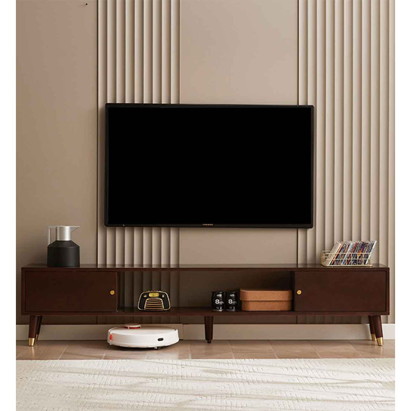 Meuble télé de style transitionnel en bois massif avec tiroirs symétriques, 15" H x 70.9" W x 9.4" D, Brown