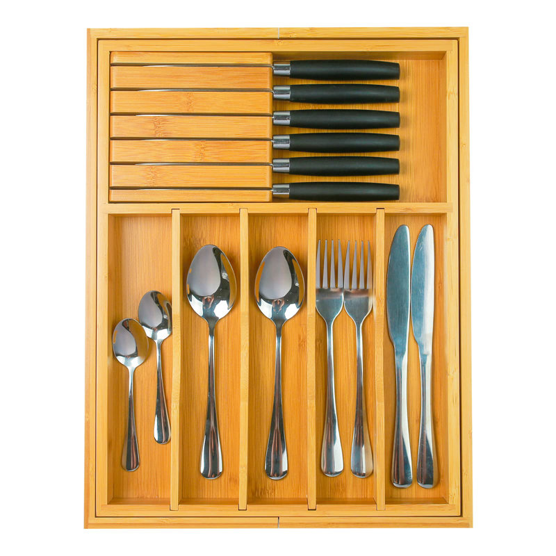 Organisateur de tiroir Silverware avec porte-couteaux amovible et séparateurs, organisateur de tiroir de cuisine en bambou extensible, range-ustensiles de coutellerie pour 8 tiroirs