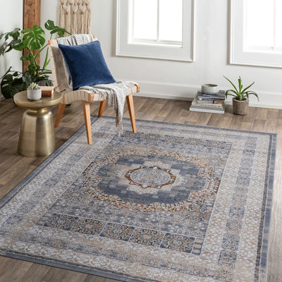 Tapis bleu / ivoire / médaillon de la collection LOOM & LUXE pour salon, salle à manger, salle à manger, bureau, élégant, résistant aux taches