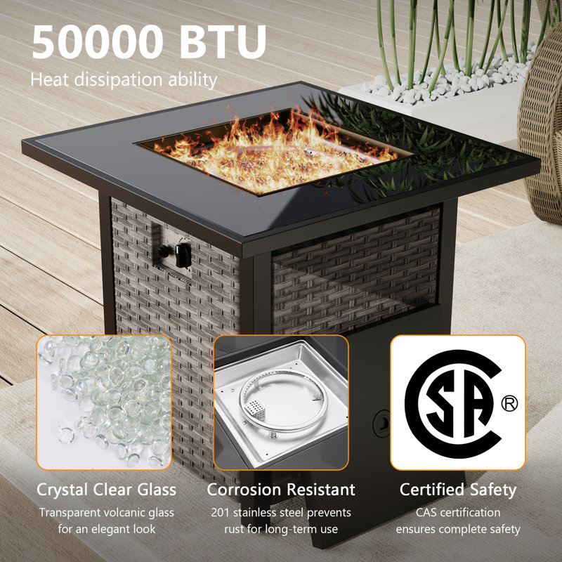 45 Inch 50,000 BTU Rectangular Wicker Fire Pit Table Propane Gas Fire Pit Table for Outside Patio, 25" H x 27.8" W x 27.8" D