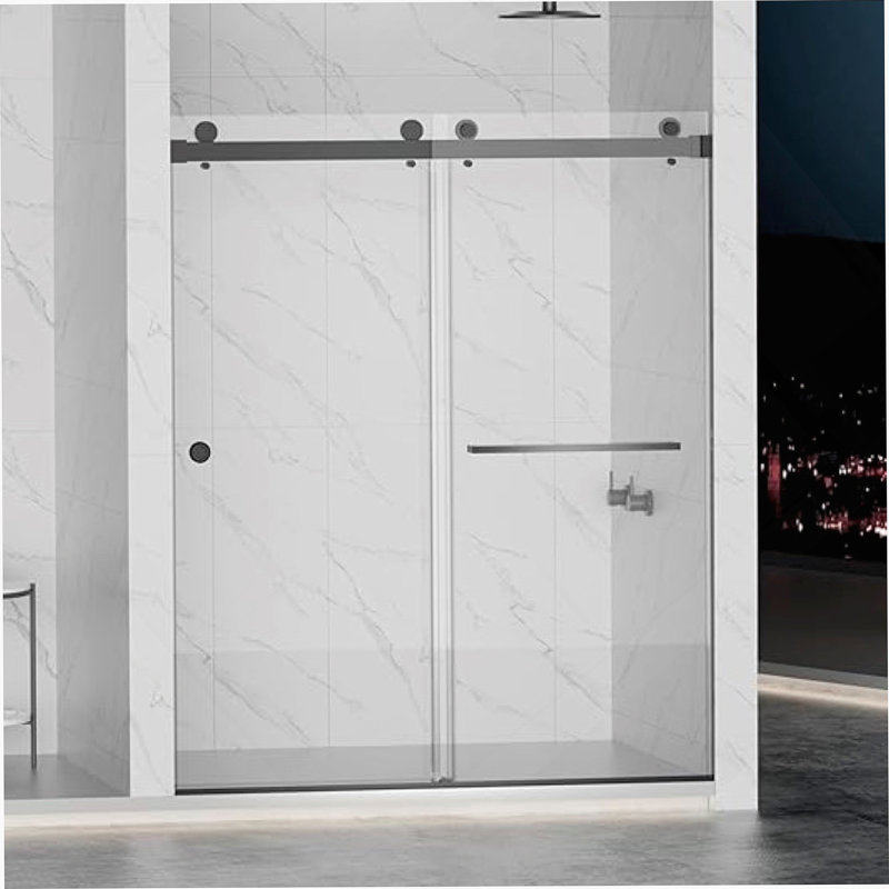 Porte de douche coulissante double sans cadre pour salle de bain, Noir mat