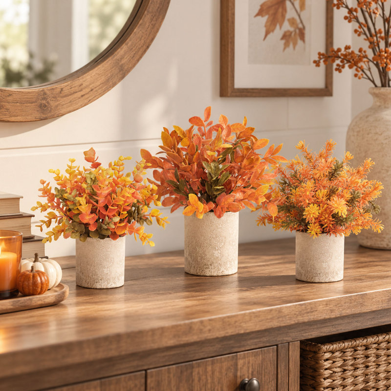 Ensemble de 3 eucalyptus artificiels en pot de 19 cm pour la décoration de table d'automne