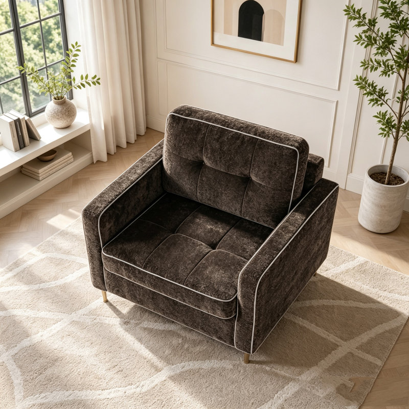 Chaise d'appoint moderne avec revêtement en chenille et pieds en fer jaune, Polyester brun foncé