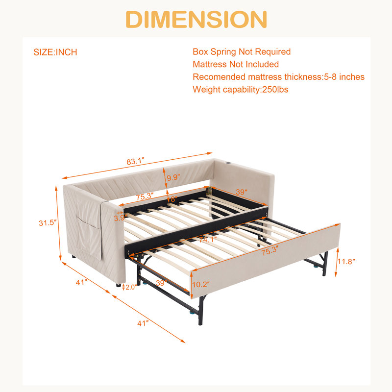 Twin Size Upholstered Daybed With Trundle,USB Port ,Side Pockets, Modern V-Grained Backrest Design,No Box Spring Needed, For Bedroom, Guest Room