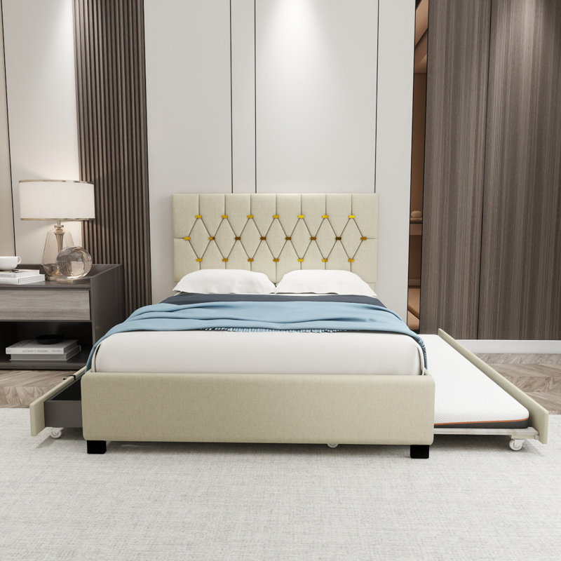 Lit moderne avec tiroirs de rangement, Beige