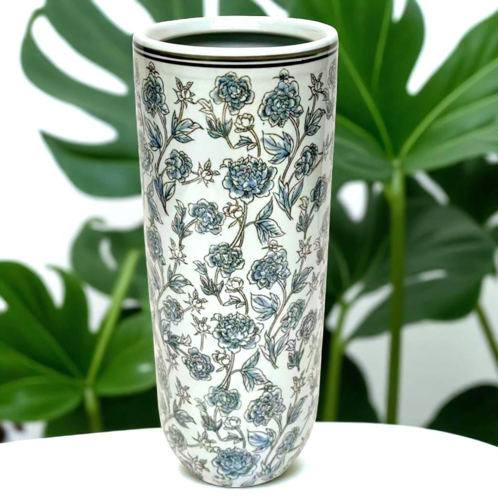 Vintage Ceramic Freestanding Umbrella & Walking Stick Stand – Glazed Vase, 18" x 8", Elegant Home Décor Accent