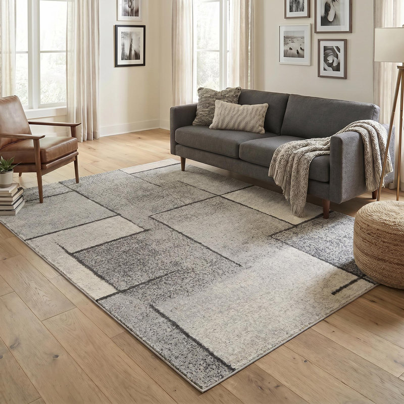 Celil Geometric Shapes Area Rug, GREY, 200 x 290 cm (Rectangular)