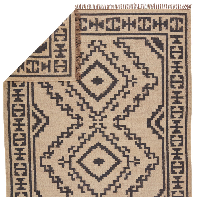 Southwestern Beige and Black Handwoven Jute Rug with Medallion Pattern