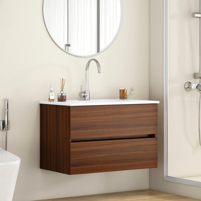 Meuble-lavabo mural de 32 po avec tiroirs doubles, système de fermeture en douceur, lavabo en céramique, conception sans poignée, bois massif, facile à installer, le robinet n'est pas inclus
