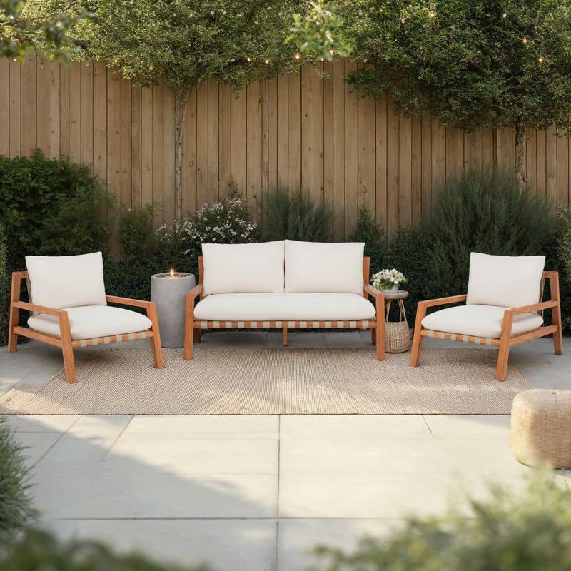 Charlotte Solid Teak Wood Slanted Rope Back 3 Piece Set with Sunbrella Cushions