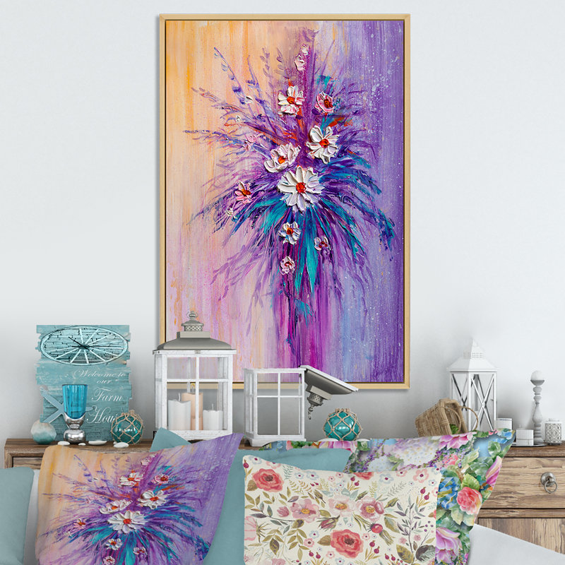 Vase de fleurs blanches et mauves - reproduction traditionnelle, H 20 po x l 12 po x P 1 po, Cadre flottant brun