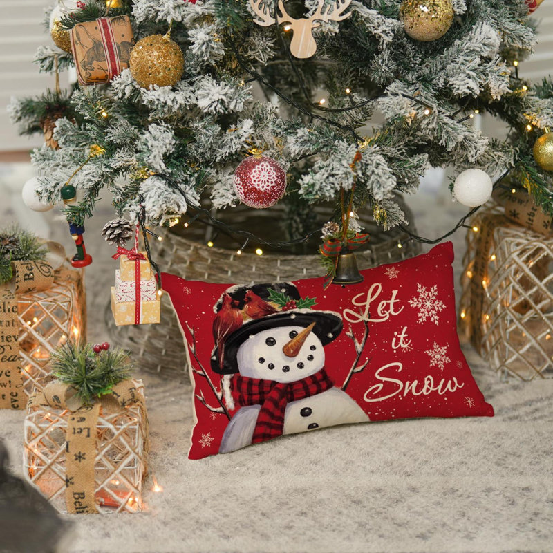Housse de coussin Let It Snow Snowman Christmas, Rouge, Forme rectangulaire, H 12 po x l 20 po