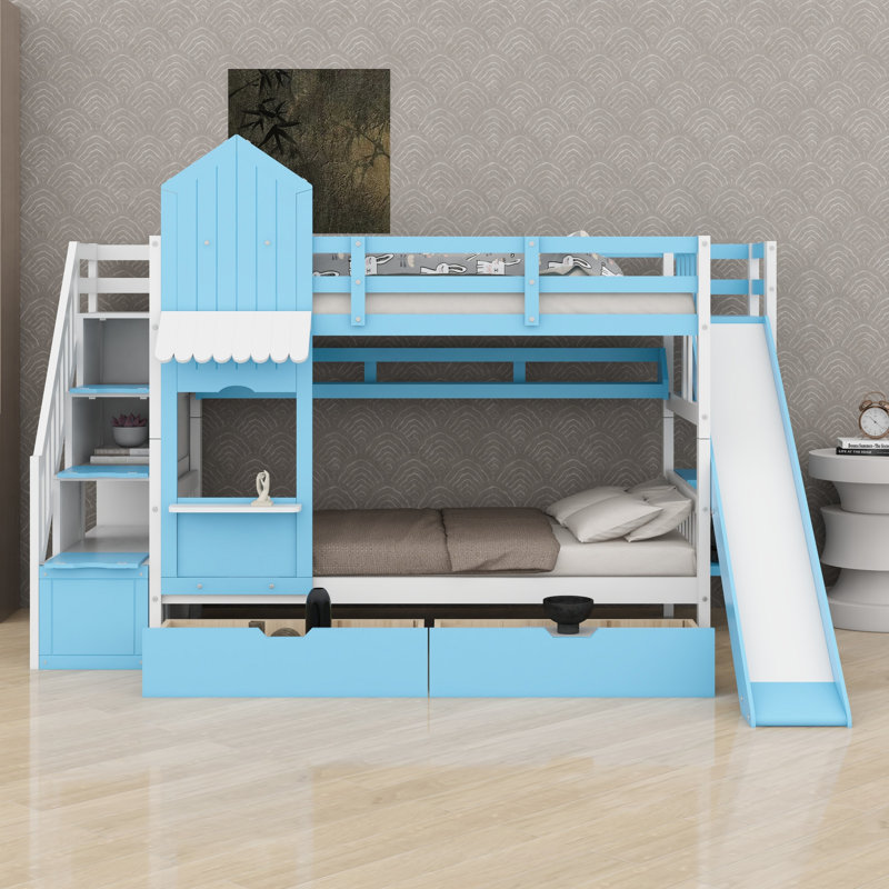 Lit superposé à thème château avec 2 tiroirs, 3 tablettes et glissade, parfait pour les chambres ludiques, Twin-Over-Twin