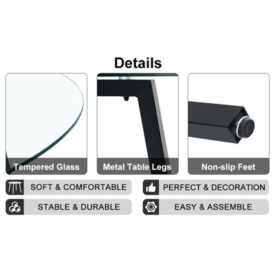 Modern simple style round transparent tempered glass table, tempered glass table top, black metal legs, suitable for kitchen, dining room and living room, 42 "*42" *29.5 "1123r