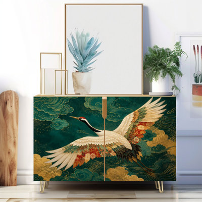 Narrow 35.4'' Wide Sideboard Buffet Cabinet - 2-Door Accent Storage Cabinet With Japanese Crane Ornate Floral Wings Gold Clouds Teal Traditional Asian Print And Metal Legs