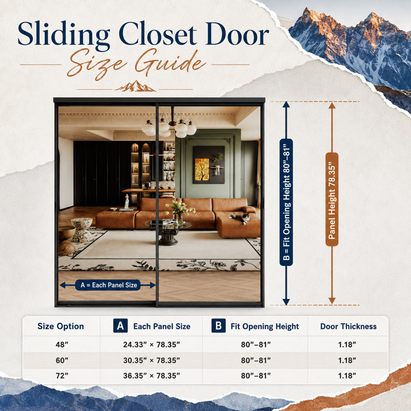  48” x 80" H Black Full-Length Mirror Door Frame Tempered Mirrored Sliding Closet Door With Hardware Kit​, 48" x 80", Mirror