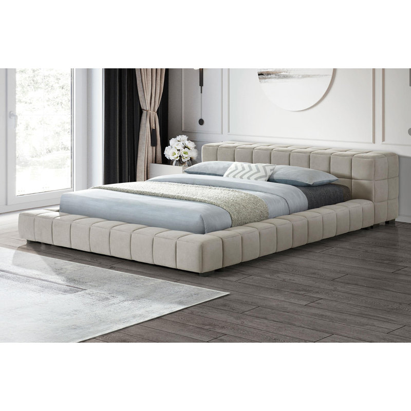 Lit plateforme en tissu d'ameublement, Taupe, Double