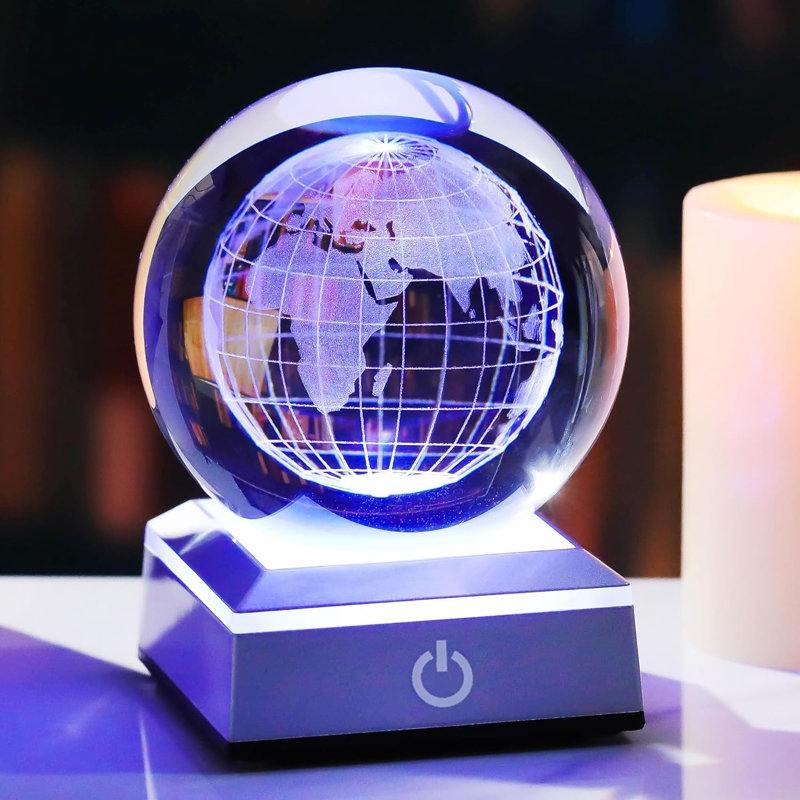3D Laser Engraved Earth Crystal Ball with Multicolor LED Light Base