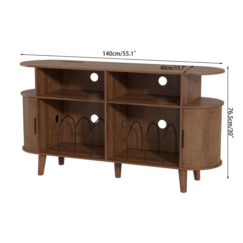 Large Record Player Stand, Mid-century Turntable Stand With Sliding Doors, Vinyl Display Stand For Bedroom Living Room