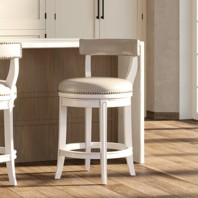 Tabouret de bar à hauteur de comptoir de 180 po à 180 degrés à retour automatique, bois blanc avec siège en similicuir gris, garniture cloutée, pieds incurvés, profondeur de 20,48 po, largeur de 20,7 po, hauteur de 36,88 po, poids de 26,22 lb