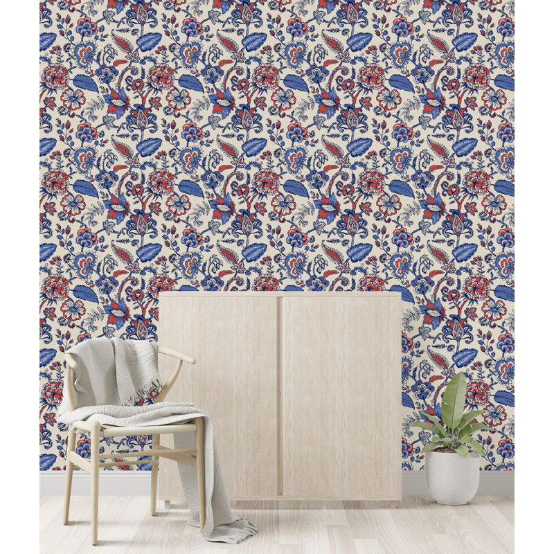 Blue and Red Pattern Wallpaper Pre-Pasted Vinyl Floral