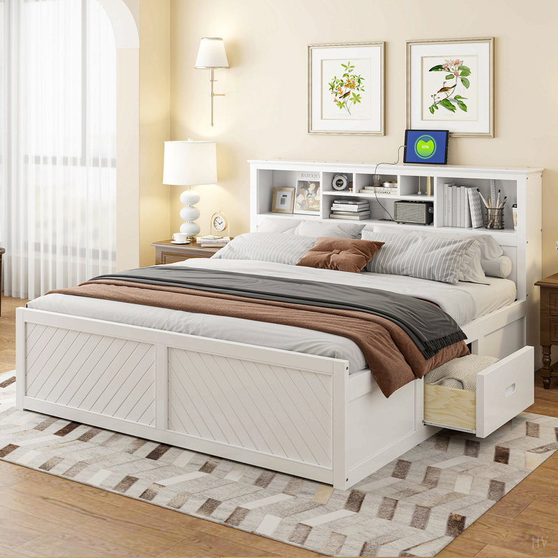 Lit plateforme en bois avec tête de lit multi-rangement, USB et tiroirs